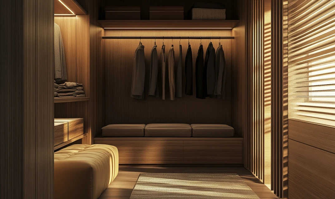 integrated seating in bedroom wardrobe