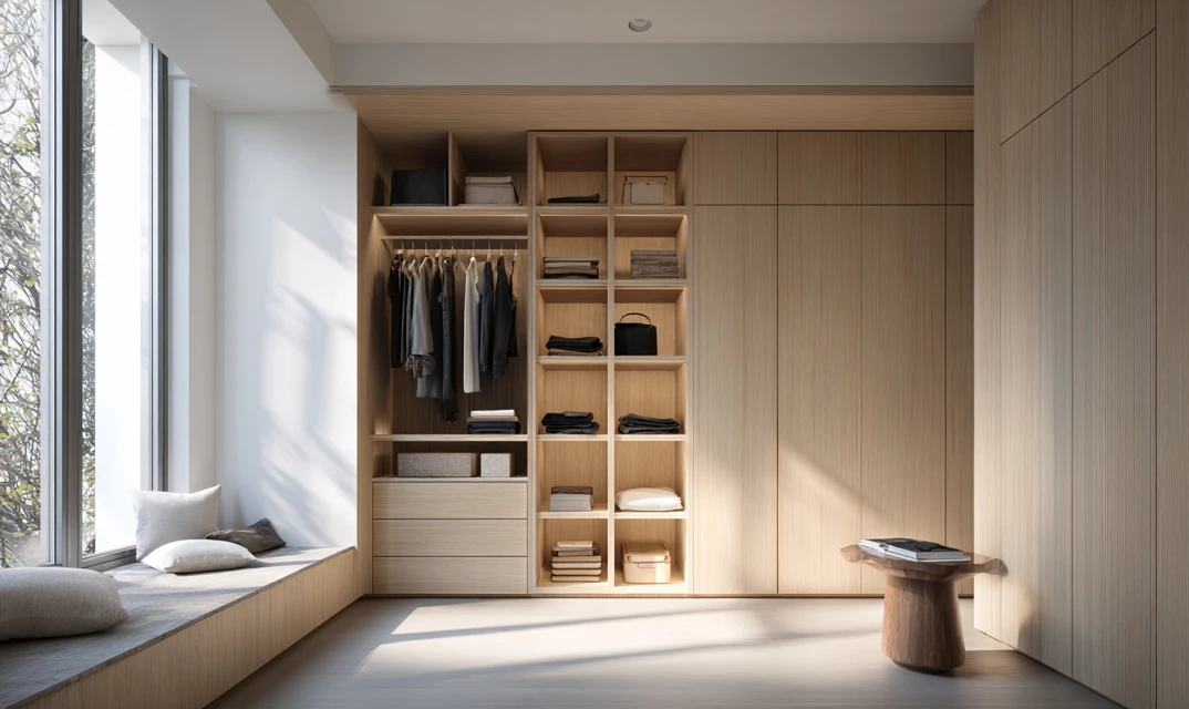 minimalist floor to ceiling wooden wardrobe panels