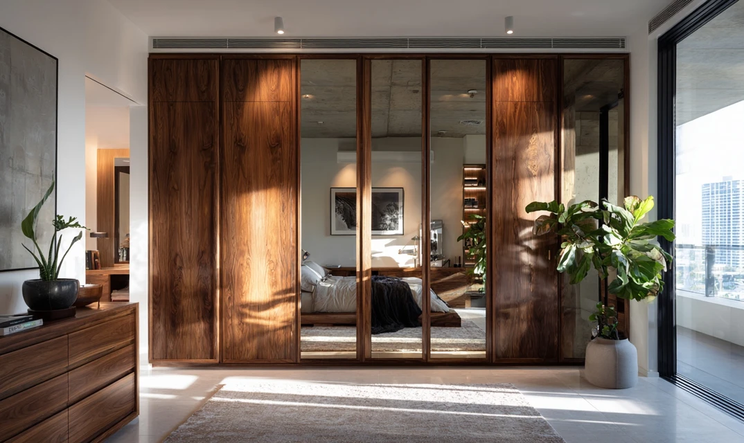 wooden wardrobe with mirror integration
