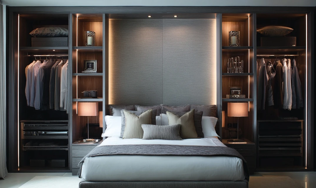 modern fitted wardrobe around beds