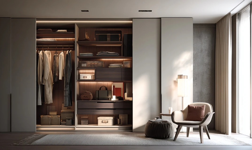 open and closed shelves wooden wardrobe design.