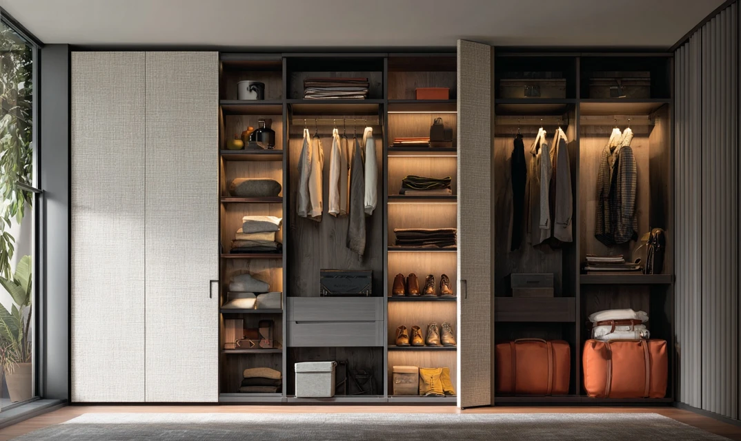 fitted open shelving and closed storage wardrobes 