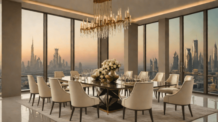 Giorgio Collection inspired luxury dining room in a Dubai penthouse with glossy Italian furniture and skyline view