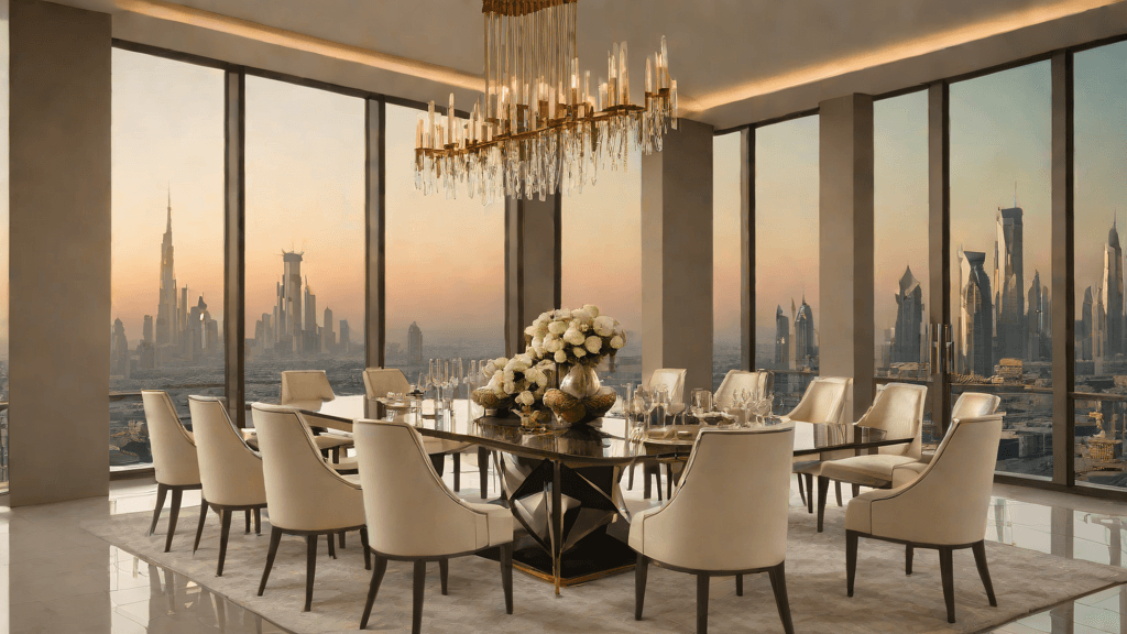 Giorgio Collection inspired luxury dining room in a Dubai penthouse with glossy Italian furniture and skyline view