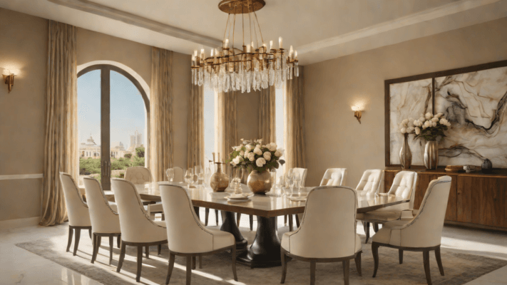 Italian luxury dining table styled in a contemporary Dubai villa dining room