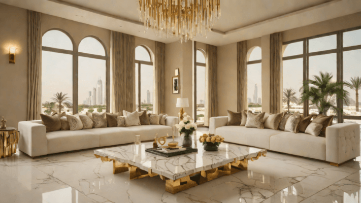 Italian marble coffee table in a Dubai villa living room with brass base and sculptural seating