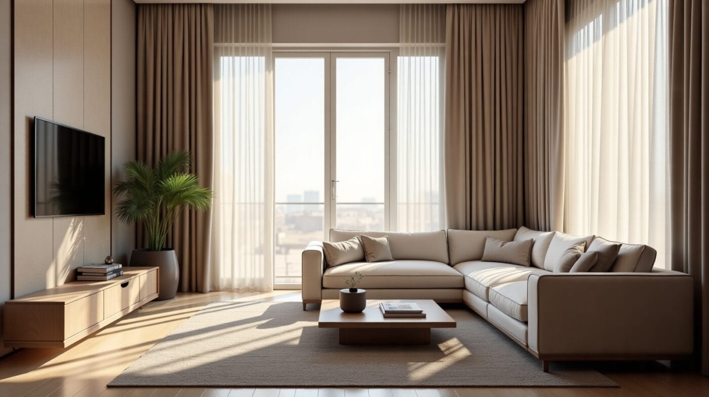 Luxury curtains and blinds in a Dubai villa living room with full height drapery, sheer layer and refined furniture.
