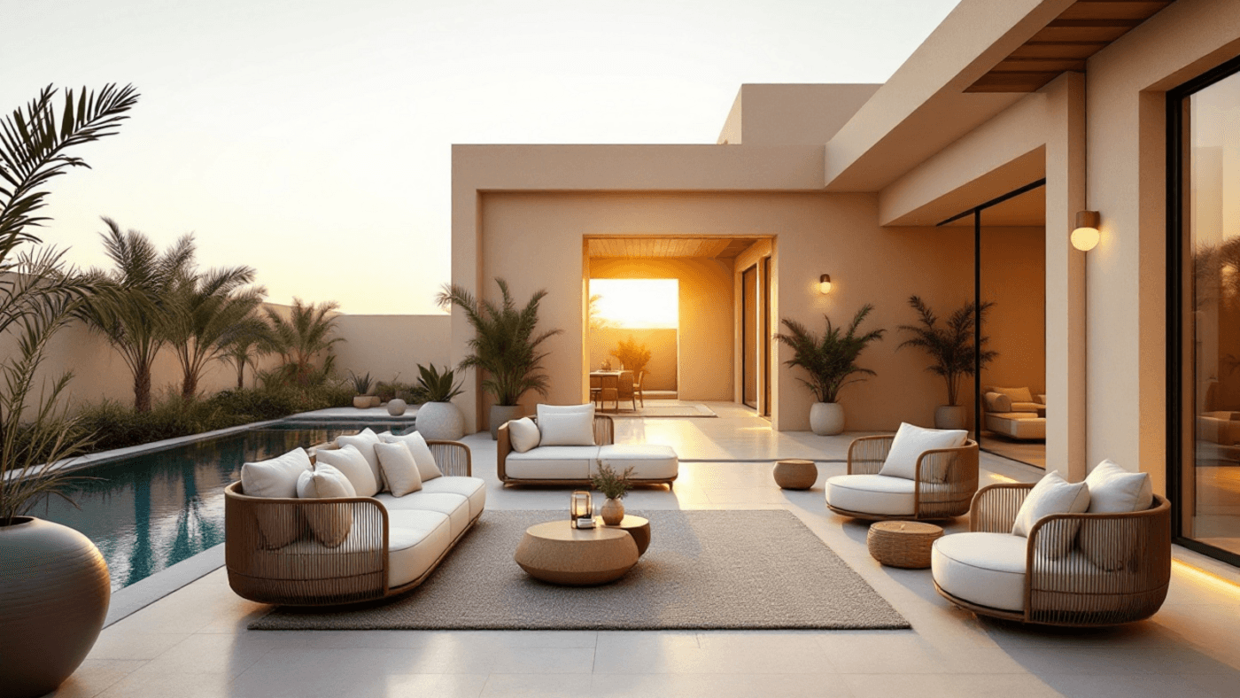 Luxury outdoor living terrace in a Dubai villa with shaded poolside seating, exterior rug and warm evening lighting.