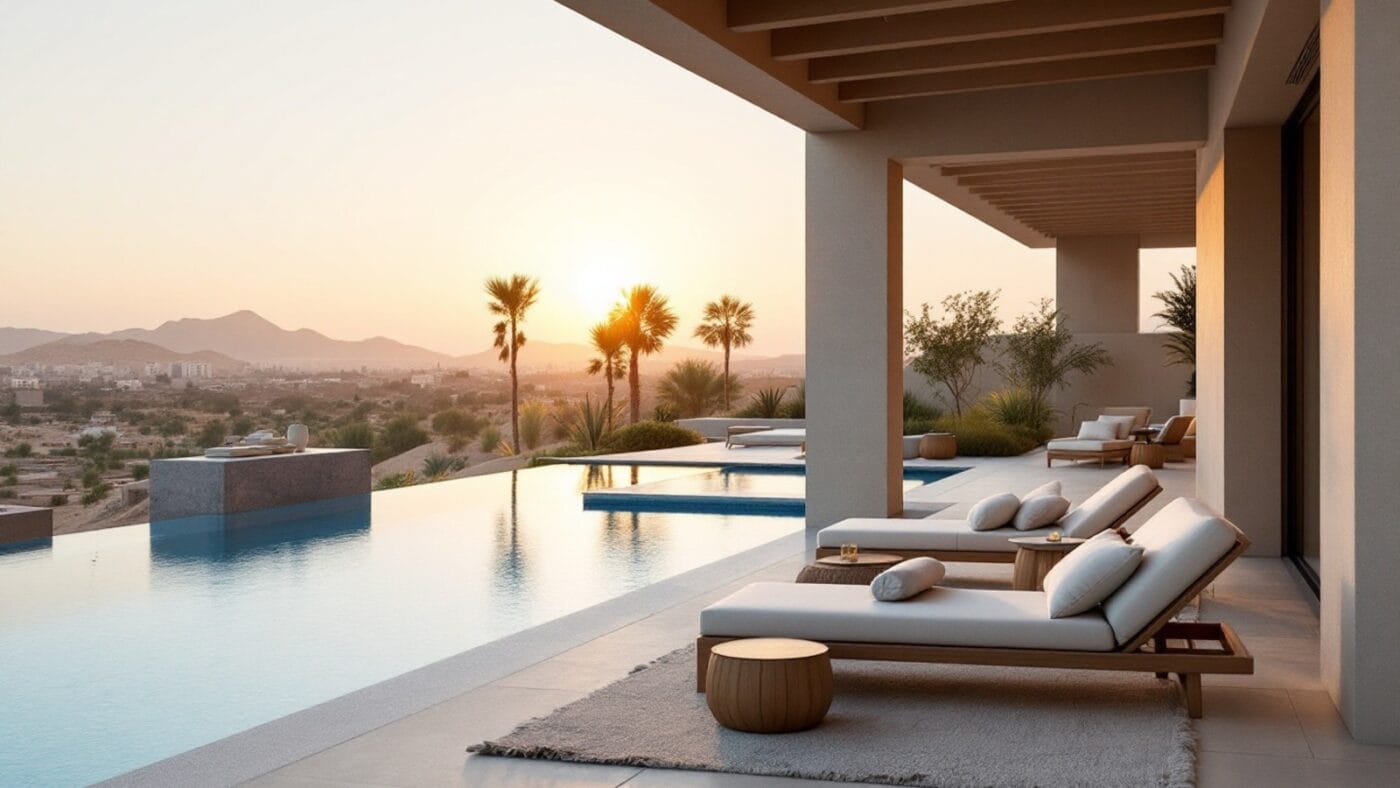 Shaded poolside lounging area in a Dubai villa with durable furniture, exterior rug and warm evening lighting.