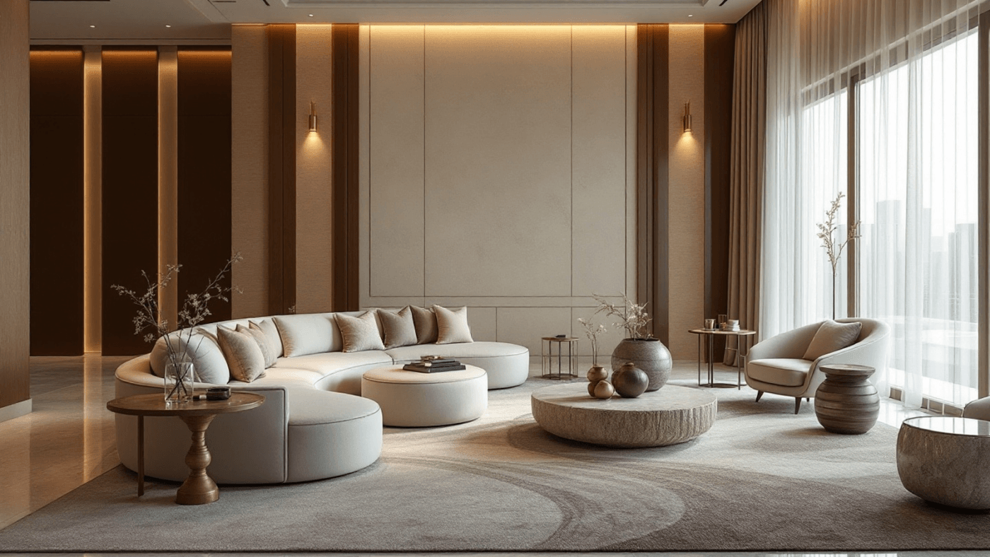 Luxury majlis in a Dubai villa with curved seating, large rug, low tables and layered lighting.