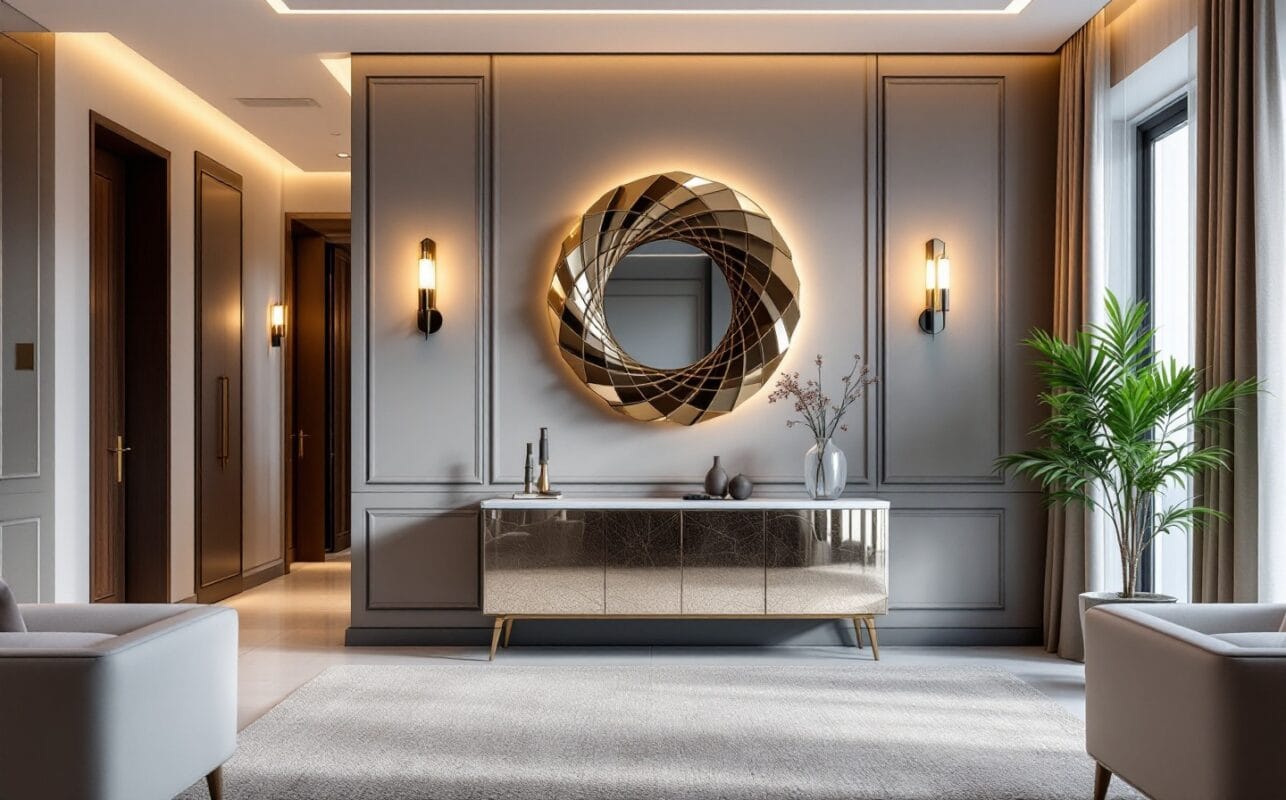 Luxury mirror in a refined Dubai villa interior with console, warm lighting and calm room balance.