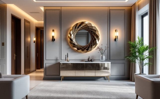 Luxury mirror in a refined Dubai villa interior with console, warm lighting and calm room balance.