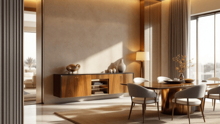 Luxury sideboard in a Dubai villa dining room with warm lighting, dining chairs and refined storage.