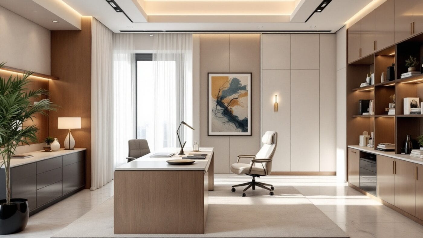 Luxury home office furniture in a Dubai villa with executive desk, ergonomic chair, storage and warm lighting.