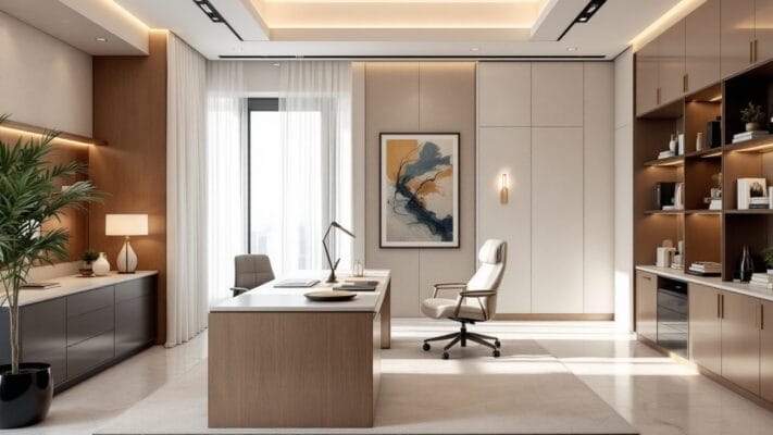 Luxury home office furniture in a Dubai villa with executive desk, ergonomic chair, storage and warm lighting.