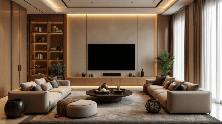 Luxury TV wall unit in a Dubai villa living room with concealed storage, sofa, rug and warm lighting.