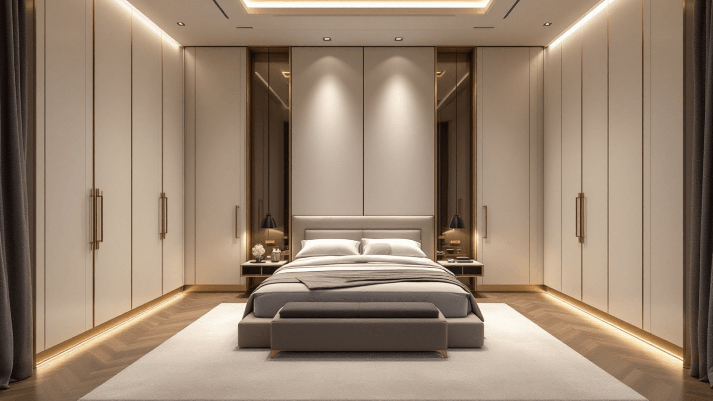 Luxury bedroom furniture with upholstered bed, bedside table and warm lighting in a Dubai villa.