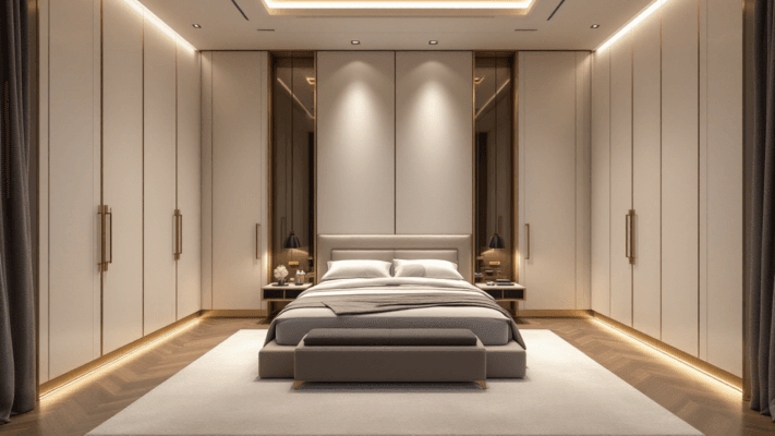 Luxury bedroom furniture with upholstered bed, bedside table and warm lighting in a Dubai villa.