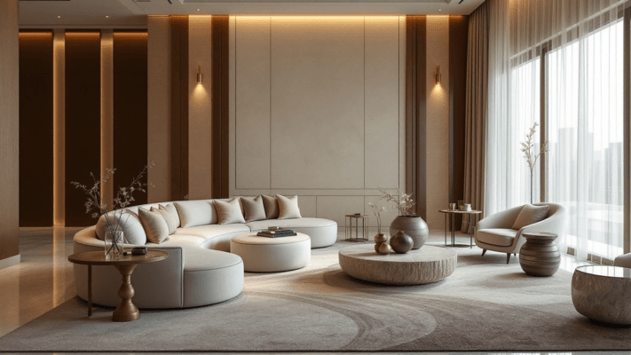 Luxury majlis in a Dubai villa with curved seating, large rug, low tables and layered lighting.