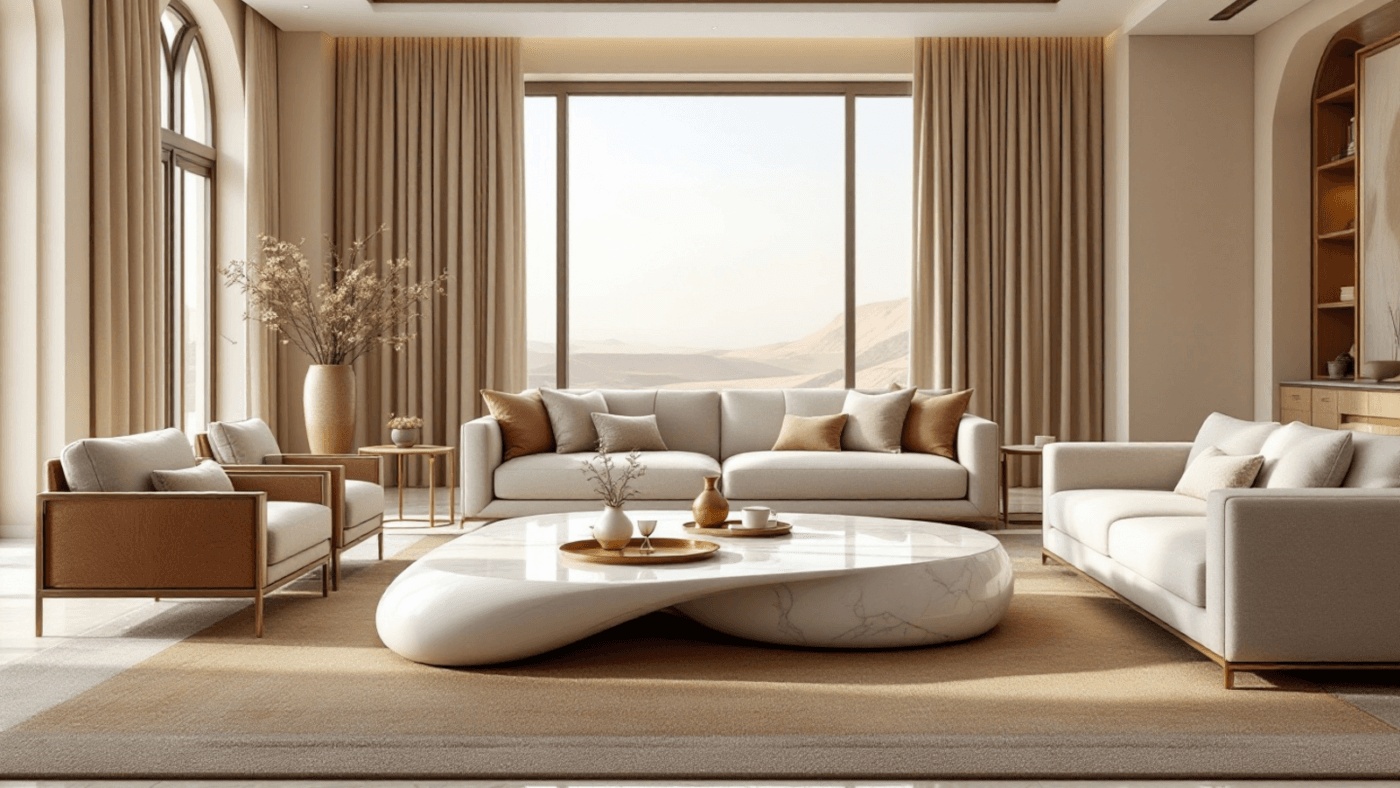 Luxury coffee table in a Dubai villa living room with sofas, rug and side tables.