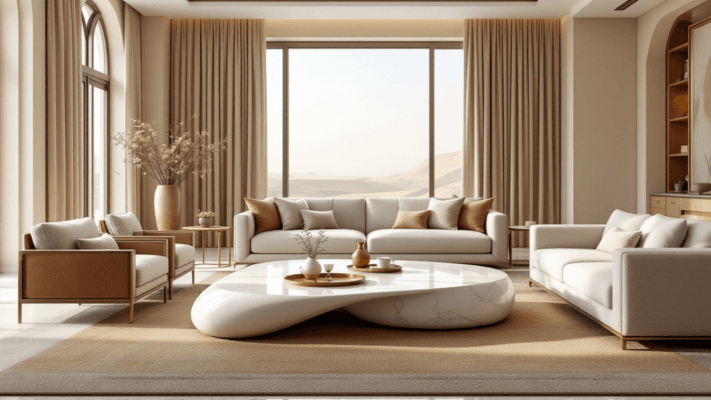 Luxury coffee table in a Dubai villa living room with sofas, rug and side tables.