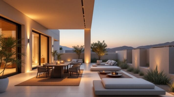 Shaded outdoor entertaining area in a Dubai villa with durable furniture, exterior rug and warm evening lighting.