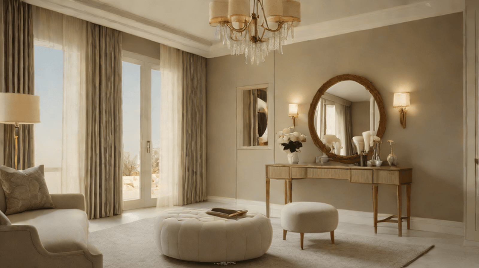 Luxury dressing table in a Dubai villa bedroom with mirror, warm lighting, upholstered stool and coordinated wardrobes.