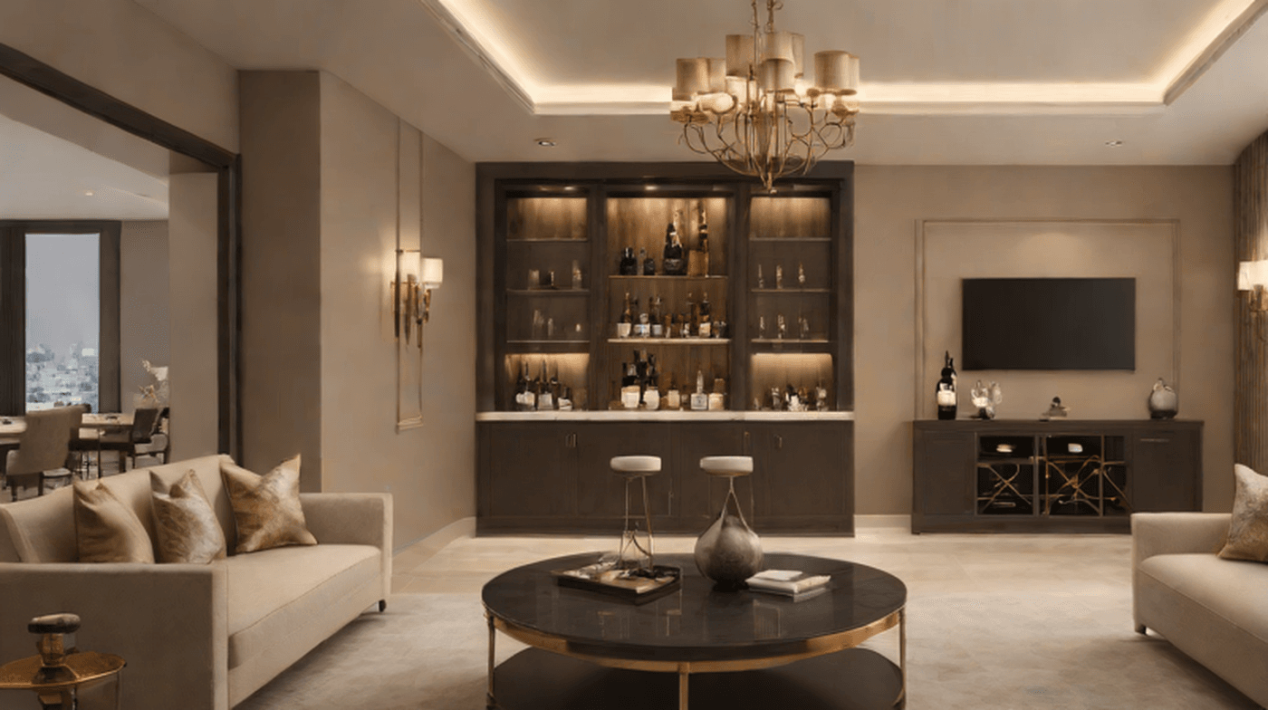 Luxury home bar cabinet in a Dubai villa lounge with warm lighting, refined storage and elegant entertaining furniture.