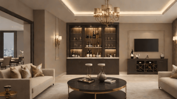 Luxury home bar cabinet in a Dubai villa lounge with warm lighting, refined storage and elegant entertaining furniture.