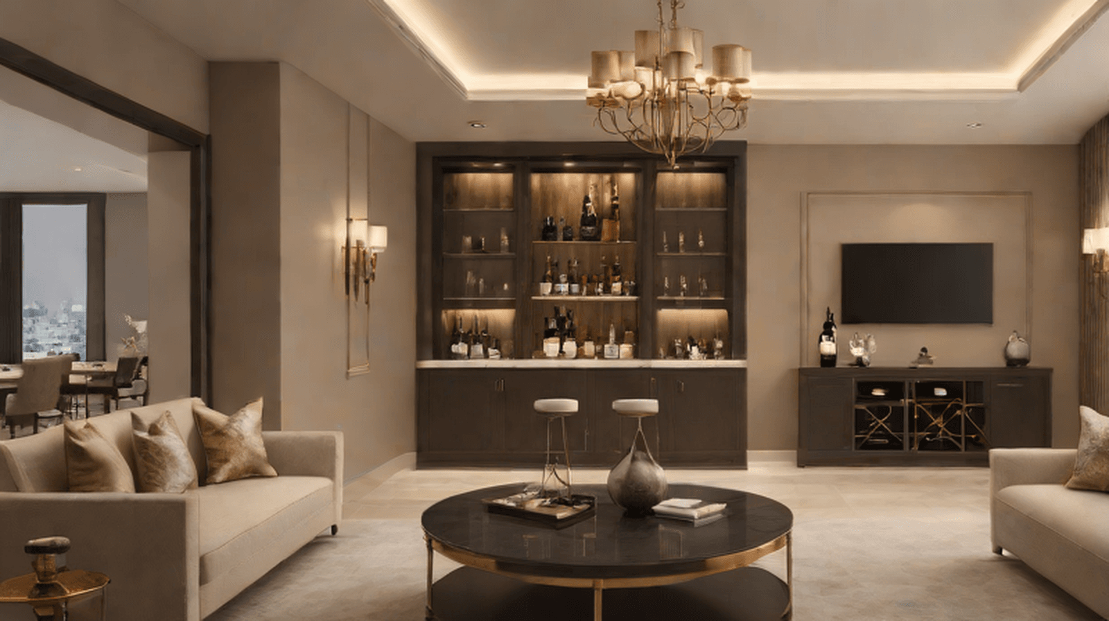 Luxury home bar cabinet in a Dubai villa lounge with warm lighting, refined storage and elegant entertaining furniture.