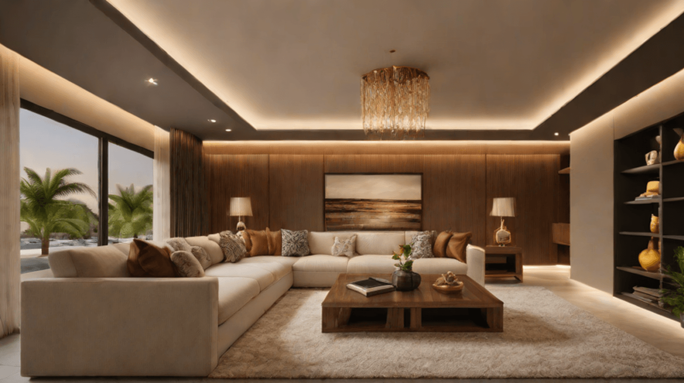 Luxury media room furniture in a Dubai villa with modular sofa, screen wall storage and warm lighting.
