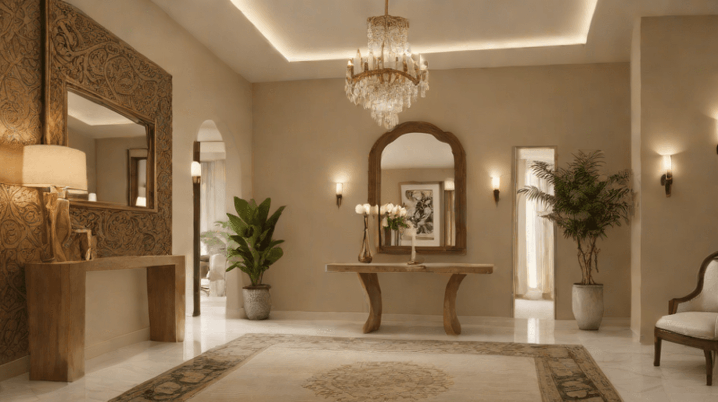 Luxury console table in a Dubai villa entrance with mirror, warm lighting, rug and calm majlis flow.