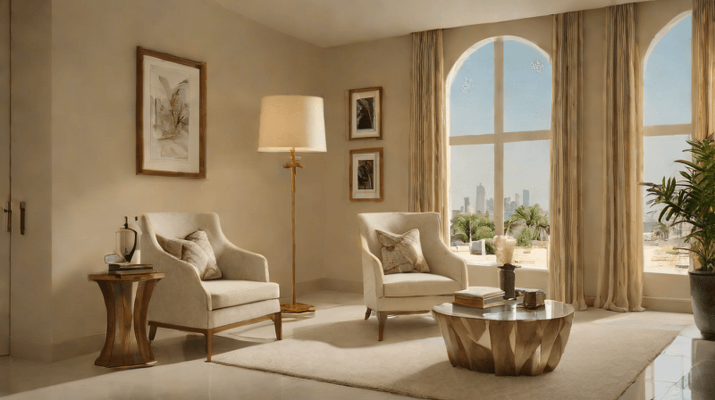 Luxury occasional chair in a Dubai villa reading corner with side table, soft rug and warm lighting.