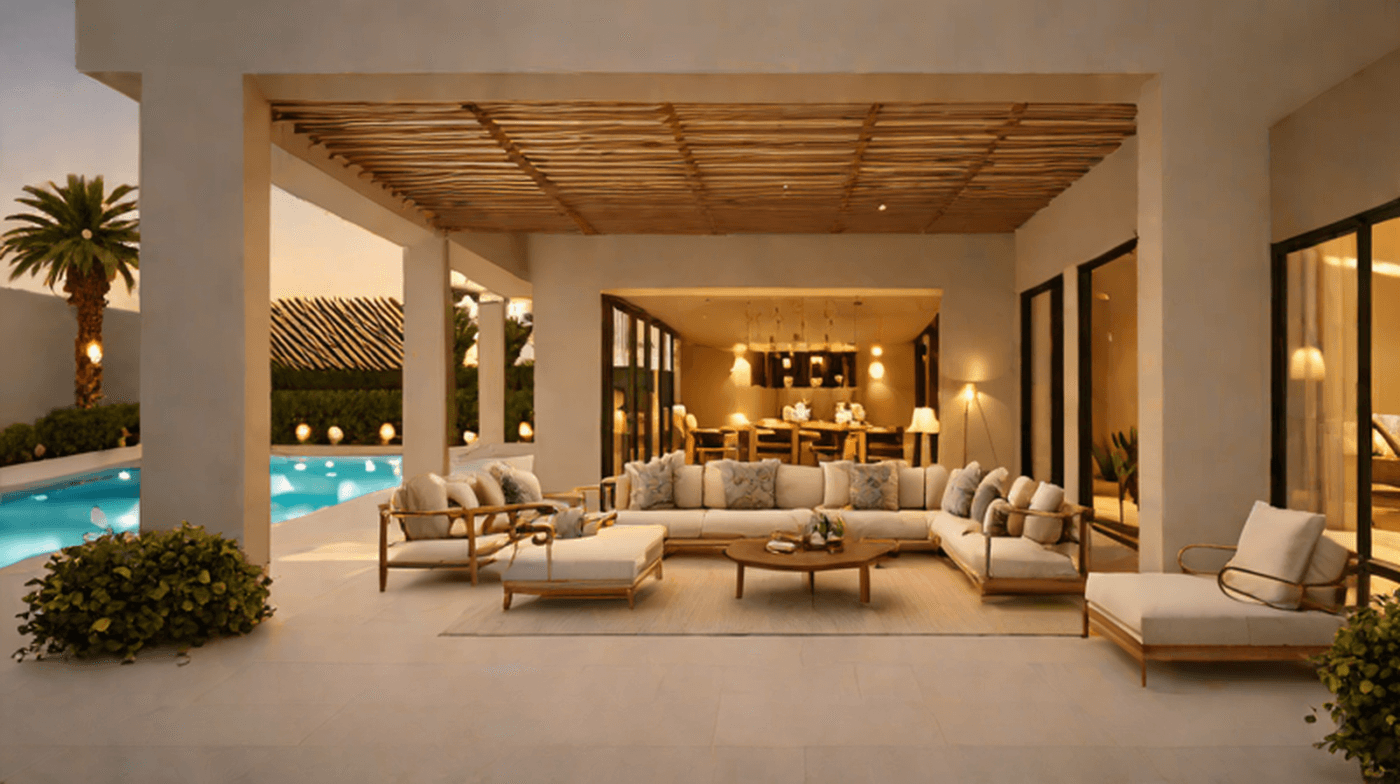 Luxury outdoor furniture on a Dubai villa terrace with poolside loungers, shaded seating and warm evening lighting.