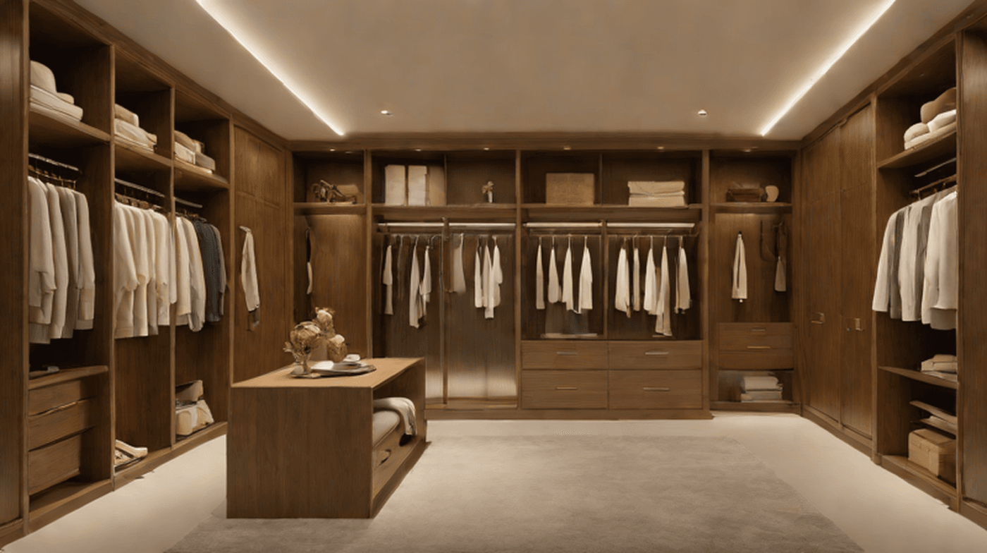 Luxury walk in wardrobe in a Dubai villa with walnut storage, glass shelves, soft lighting and upholstered bench.