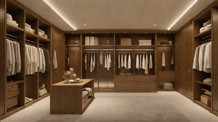 Luxury walk in wardrobe in a Dubai villa with walnut storage, glass shelves, soft lighting and upholstered bench.