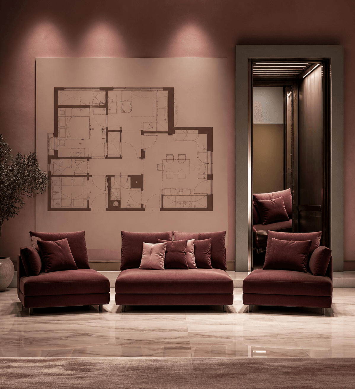 Modular luxury sofa separated into transportable sections for an access check