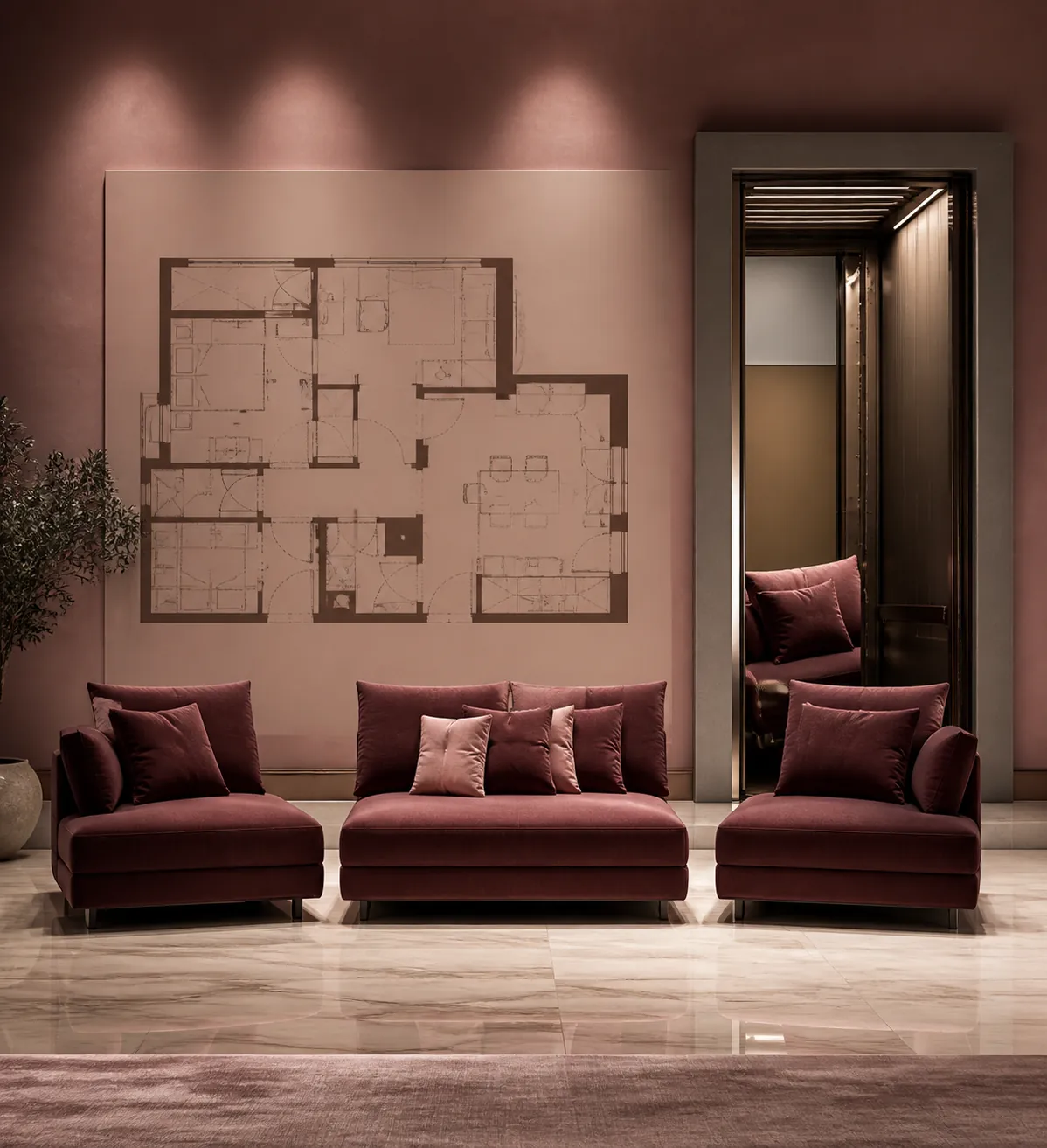 Modular luxury sofa separated into transportable sections for an access check