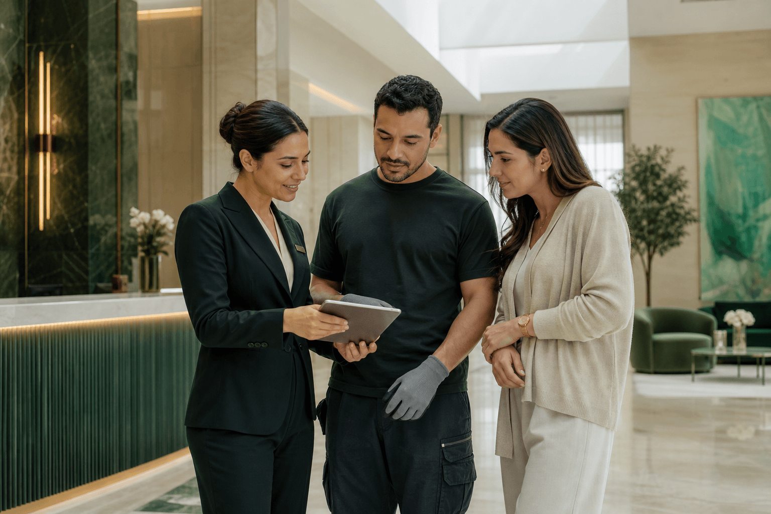 Resident, concierge and installer reviewing the furniture route in a Dubai lobby