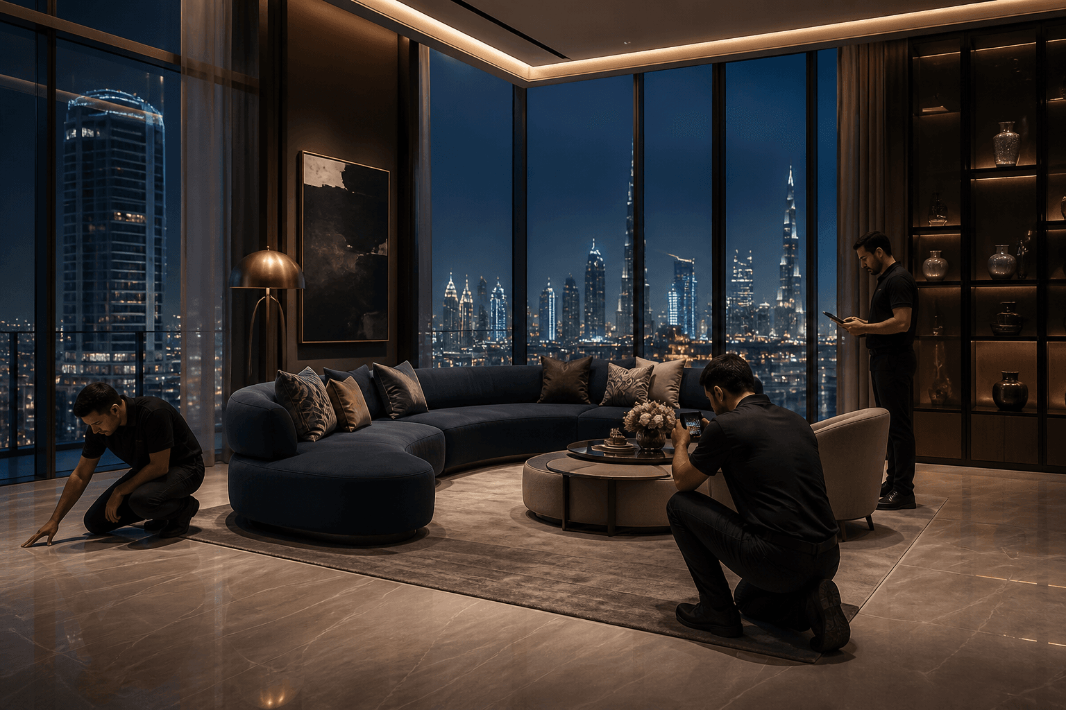 Installers completing a condition inspection after placing furniture in a Dubai apartment