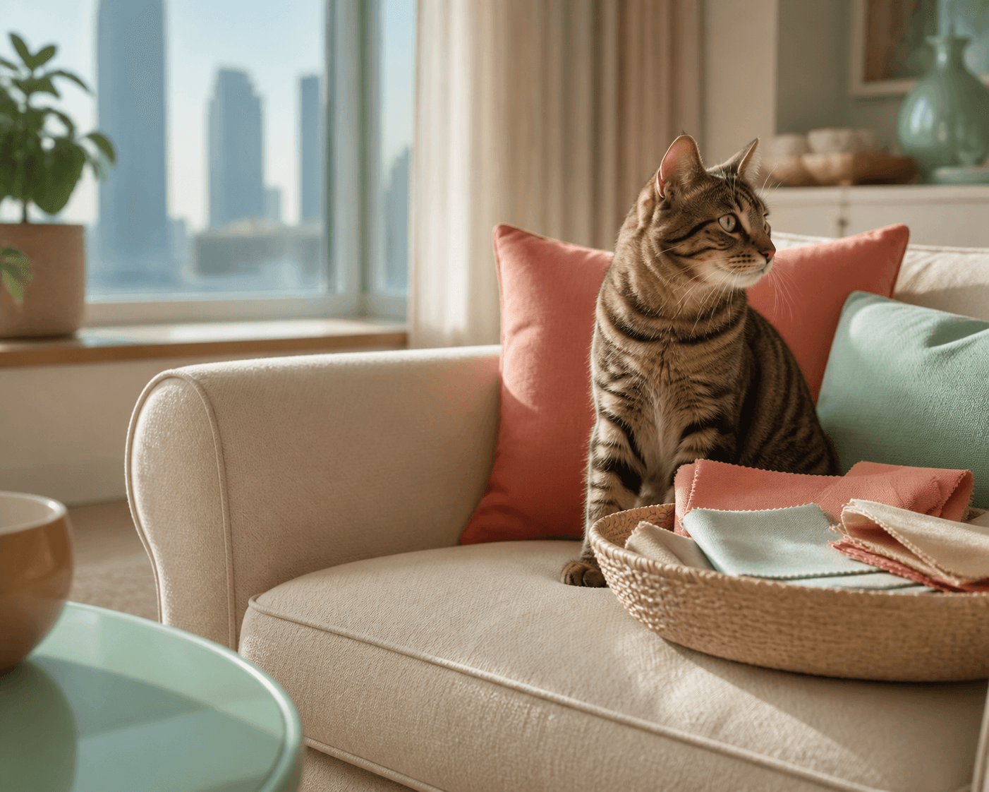 Cat beside performance-upholstery samples in a bright sitting room