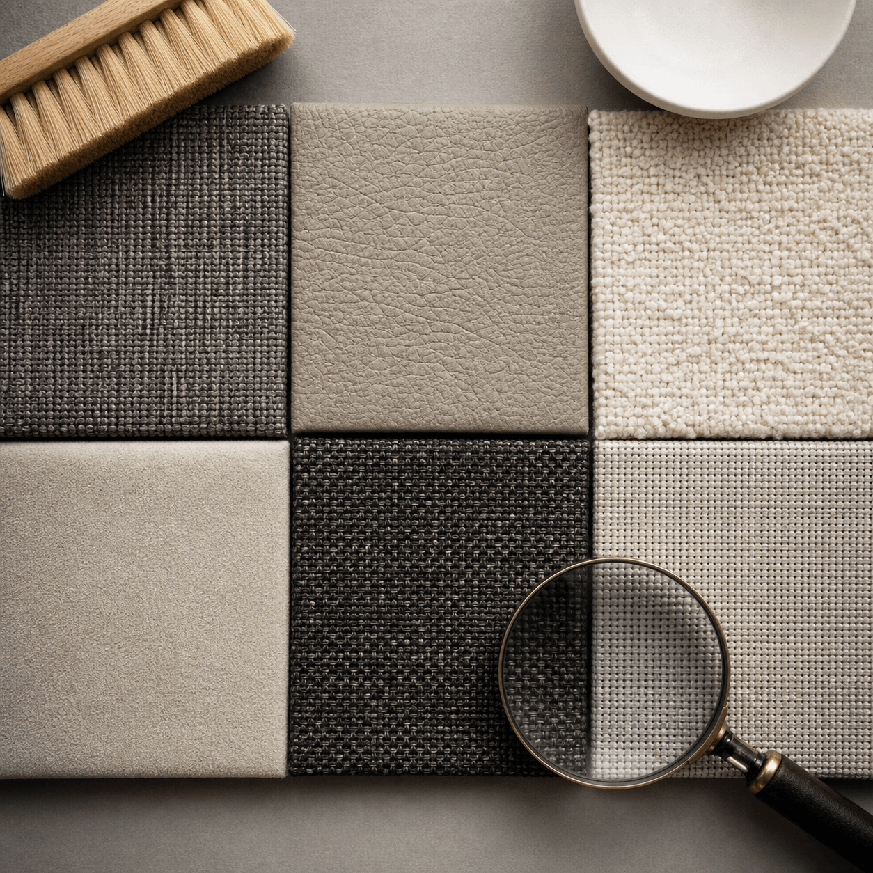 Close view of upholstery weaves prepared for performance comparison