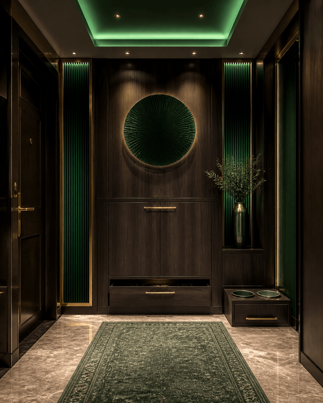 Dubai entrance joinery with organised pet storage and washable runner