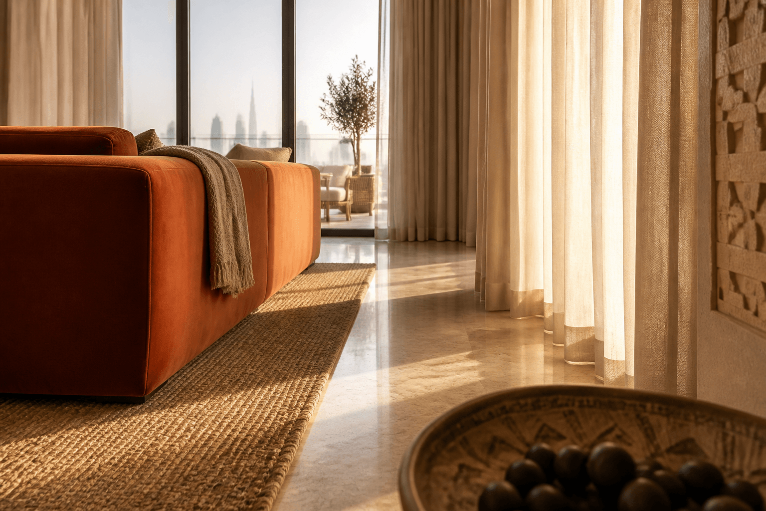 Terracotta modular sofa defining a clear route to a Dubai balcony