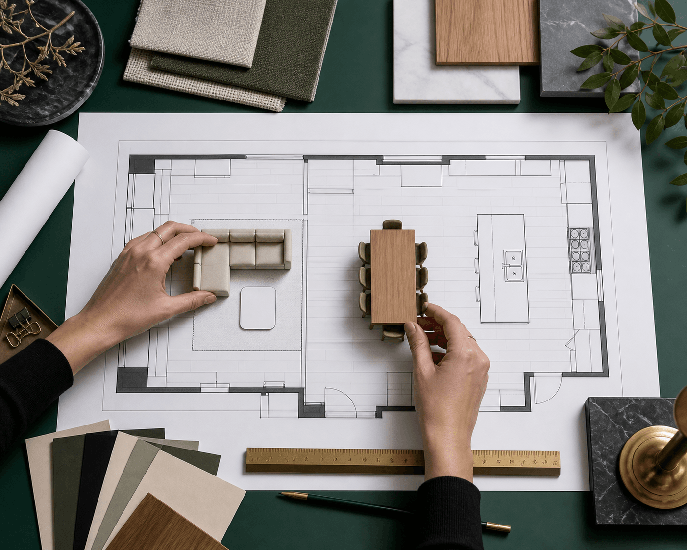 Overhead open-plan furniture layout session with scale tools and model pieces