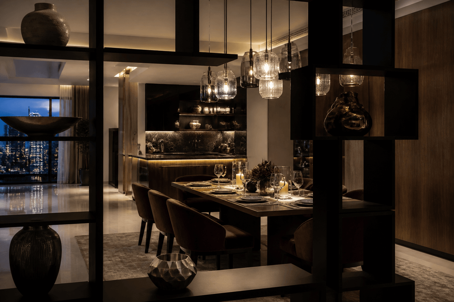 Dining zone framed by an open shelving divider in an evening interior