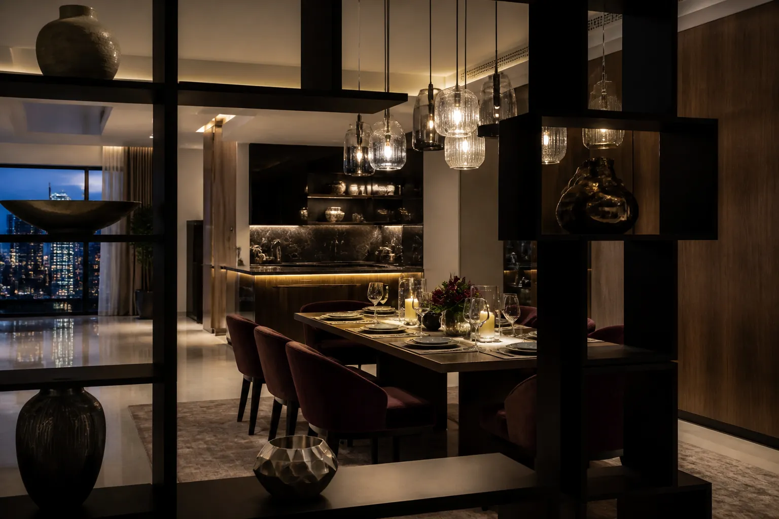 Dining zone framed by an open shelving divider in an evening interior