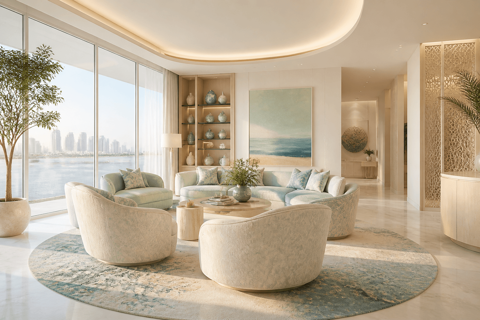 Bright conversation-led family room with clear circulation and distinct rug zone