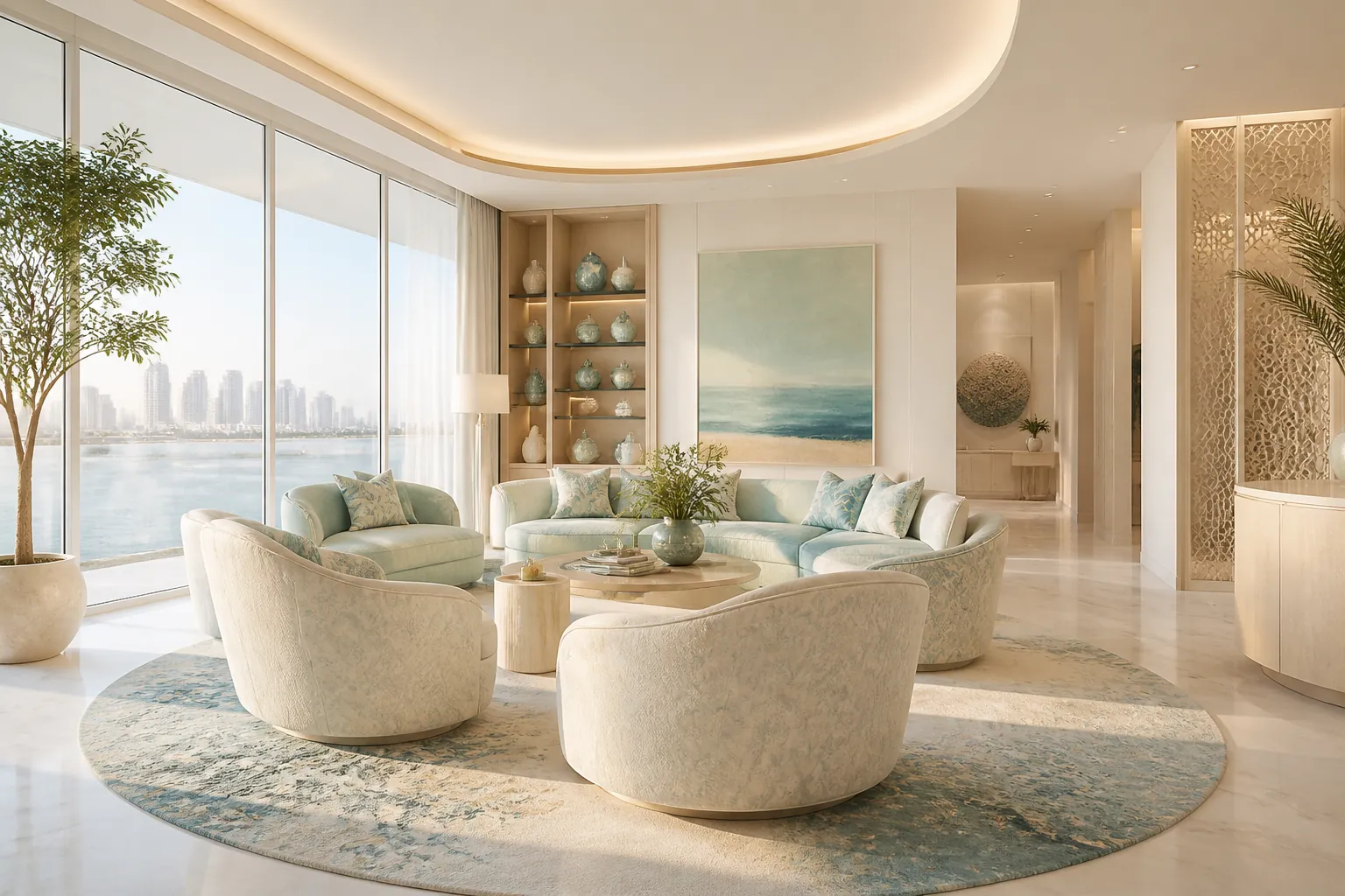 Bright conversation-led family room with clear circulation and distinct rug zone