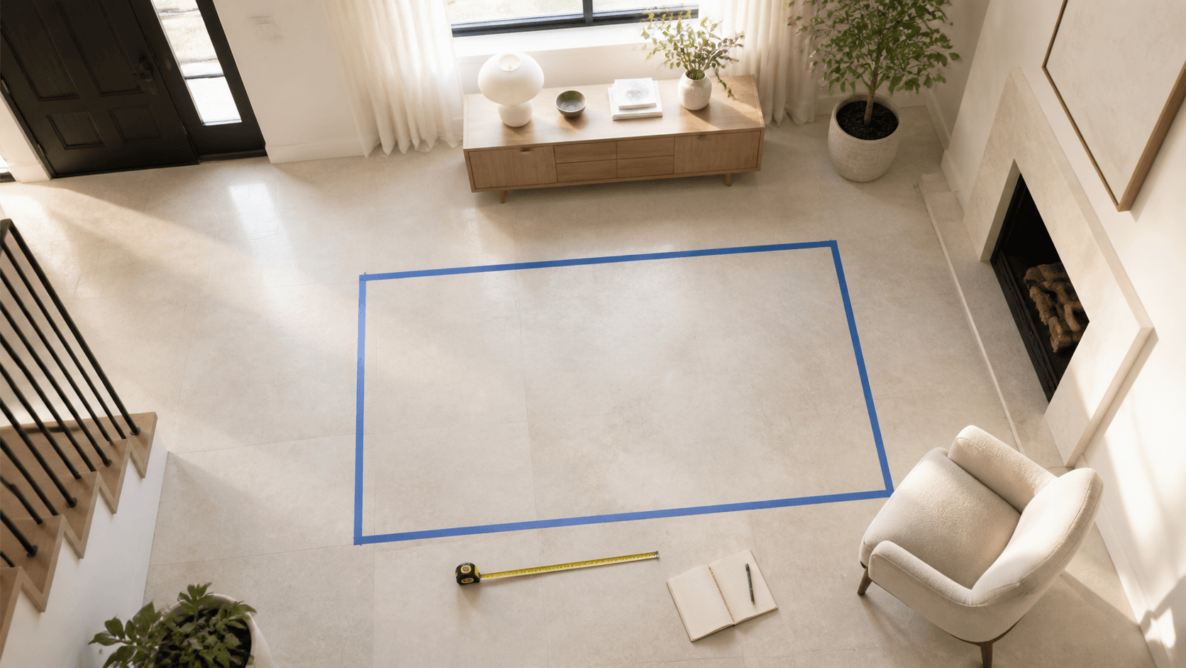Overhead tape outline marking a compact sofa footprint on pale stone flooring